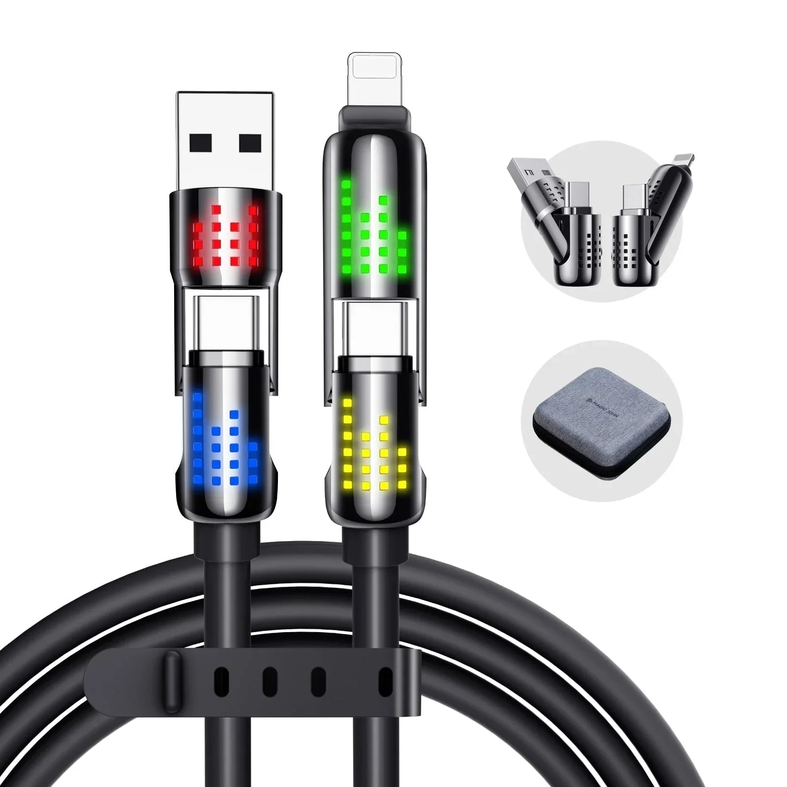 240W 4-in-1 Fast Charging Cable with RGB Glow - USB-A, Dual USB-C & Lightning