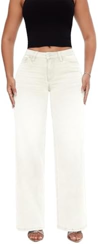 Mid-Low Rise Baggy Jeans for Women - Distressed Wide Leg Stretchy Pants