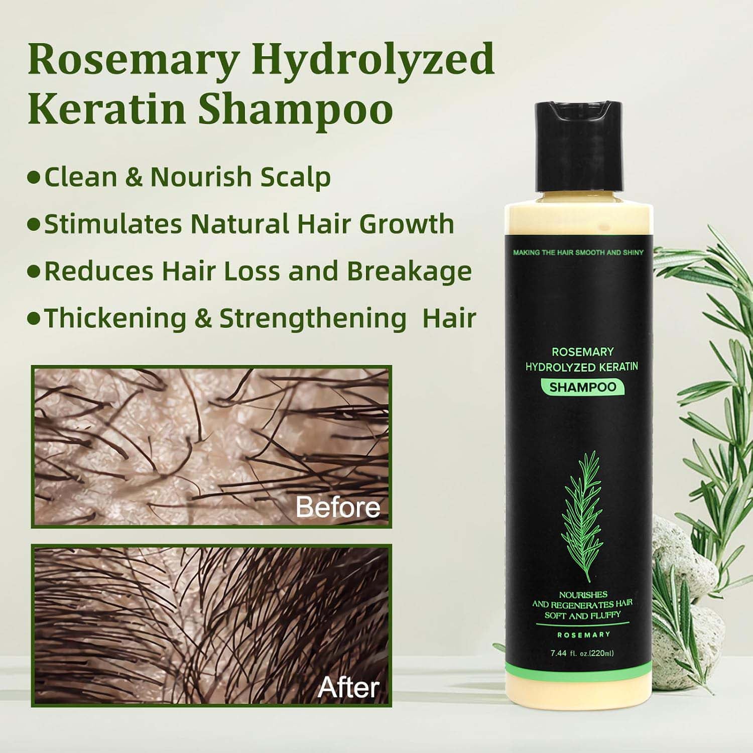 Organic Rosemary Hair Growth Shampoo with Hydrolyzed Keratin for Thinning Hair & Breakage 7.4 oz