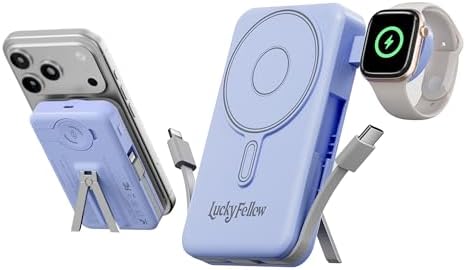Magnetic Portable Charger with Built-in Cables, 10000mAh Fast Wireless Charging Station & Power Bank