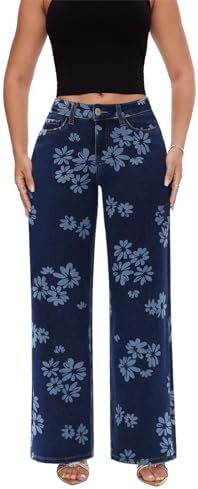 Mid-Low Rise Baggy Jeans for Women - Distressed Wide Leg Stretchy Pants