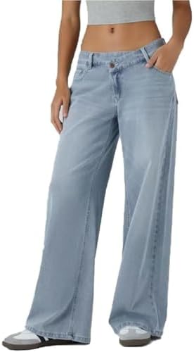 Asymmetrical Low-Rise Loose Jeans for Women, Wide Leg Baggy Straight Denim Pants