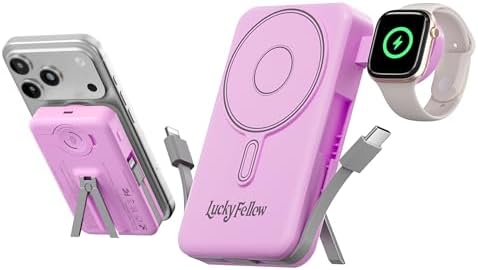 Magnetic Portable Charger with Built-in Cables, 10000mAh Fast Wireless Charging Station & Power Bank