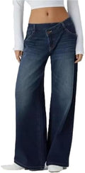 Asymmetrical Low-Rise Loose Jeans for Women, Wide Leg Baggy Straight Denim Pants