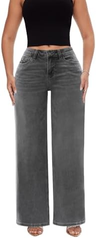 Mid-Low Rise Baggy Jeans for Women - Distressed Wide Leg Stretchy Pants