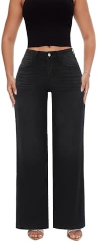 Mid-Low Rise Baggy Jeans for Women - Distressed Wide Leg Stretchy Pants