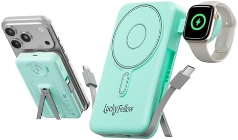 Magnetic Portable Charger with Built-in Cables, 10000mAh Fast Wireless Charging Station & Power Bank