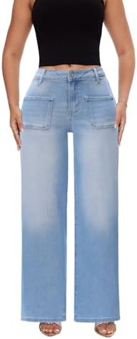 Mid-Low Rise Baggy Jeans for Women - Distressed Wide Leg Stretchy Pants