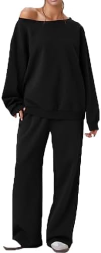 Off-Shoulder Sweatsuit Set for Women - Long Sleeve Top & Wide Leg Jogging Pants