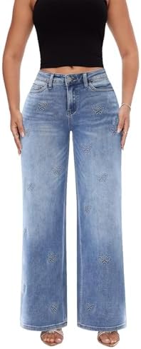 Mid-Low Rise Baggy Jeans for Women - Distressed Wide Leg Stretchy Pants