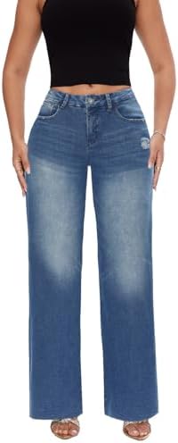Mid-Low Rise Baggy Jeans for Women - Distressed Wide Leg Stretchy Pants