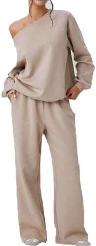 Off-Shoulder Sweatsuit Set for Women - Long Sleeve Top & Wide Leg Jogging Pants