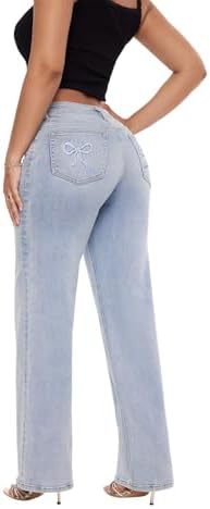 Mid-Low Rise Baggy Jeans for Women - Distressed Wide Leg Stretchy Pants