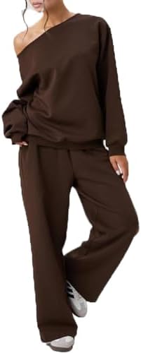 Off-Shoulder Sweatsuit Set for Women - Long Sleeve Top & Wide Leg Jogging Pants