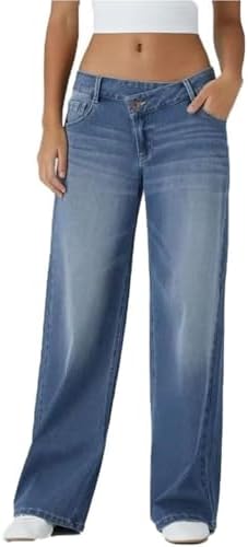 Asymmetrical Low-Rise Loose Jeans for Women, Wide Leg Baggy Straight Denim Pants