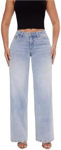 Mid-Low Rise Baggy Jeans for Women - Distressed Wide Leg Stretchy Pants