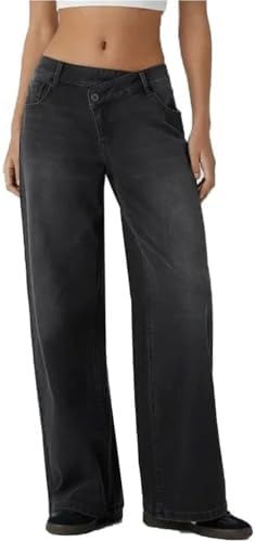 Asymmetrical Low-Rise Loose Jeans for Women, Wide Leg Baggy Straight Denim Pants