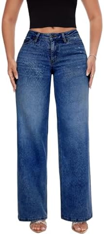 Mid-Low Rise Baggy Jeans for Women - Distressed Wide Leg Stretchy Pants