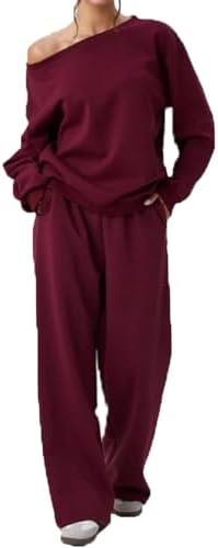 Off-Shoulder Sweatsuit Set for Women - Long Sleeve Top & Wide Leg Jogging Pants