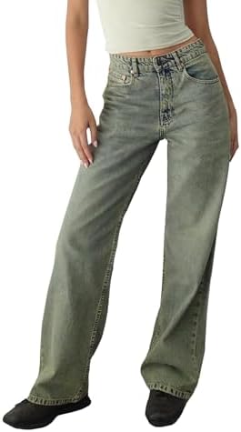 Women's Baggy Jeans Mid-Low Waist Boyfriend Vintage Wide Leg Denim Pants