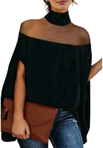 Women's Mesh Mock Neck Blouse with Batwing Sleeves - Elegant Loose Fit Top