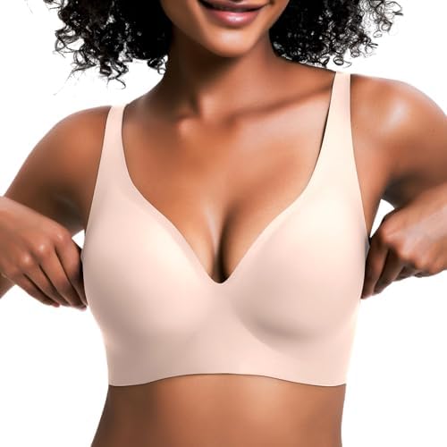 Wireless Push Up Bra for Women, Seamless T-Shirt Bra with Adjustable Straps, Comfortable Plunge No Underwire