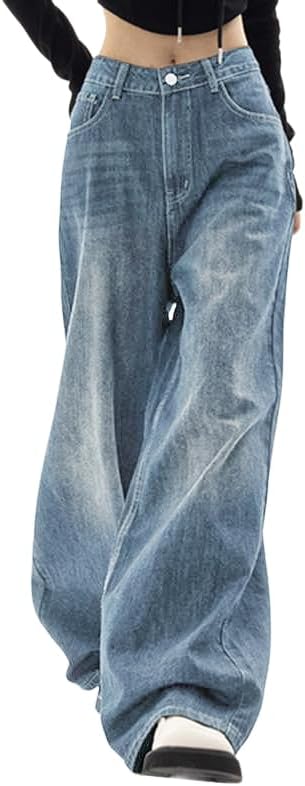 Women's Baggy Jeans Mid-Low Waist Boyfriend Vintage Wide Leg Denim Pants