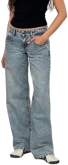 Women's Baggy Jeans Mid-Low Waist Boyfriend Vintage Wide Leg Denim Pants