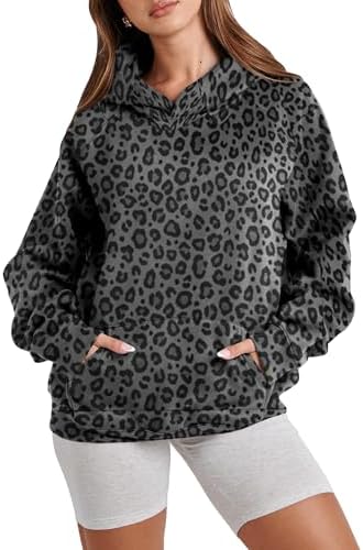 Women's Cheetah Print Oversized Fleece Hoodie with Pocket, Long Sleeve Pullover