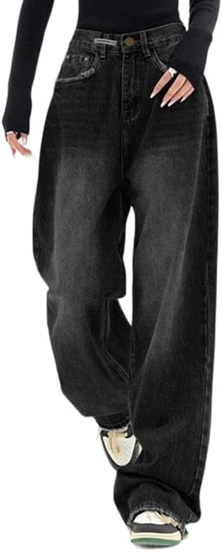 Women's Baggy Jeans Mid-Low Waist Boyfriend Vintage Wide Leg Denim Pants
