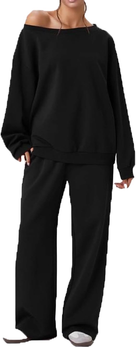 Off-Shoulder Sweatsuit Set for Women - Long Sleeve Top & Wide Leg Jogging Pants