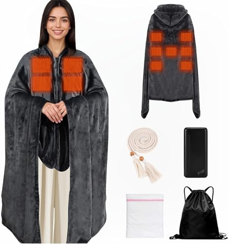 71" Wearable Heated Blanket Shawl with Power Bank, 11 Heating Zones, 3 Heat Levels & Timer