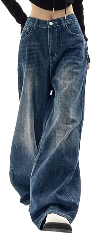 Women's Baggy Jeans Mid-Low Waist Boyfriend Vintage Wide Leg Denim Pants