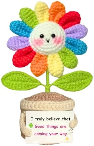 Handmade Rainbow Crochet Flower with Encouragement Card - Emotional Support Desk Decor Gift