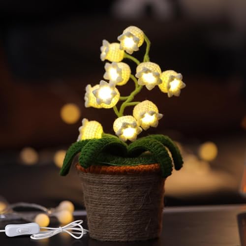 Handmade Crochet Lily of the Valley Night Light with Rattan Planter - Cordless Table Lamp