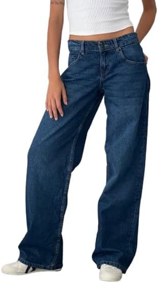Women's Baggy Jeans Mid-Low Waist Boyfriend Vintage Wide Leg Denim Pants