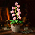 Handmade Crochet Lily of the Valley Night Light with Rattan Planter - Cordless Table Lamp