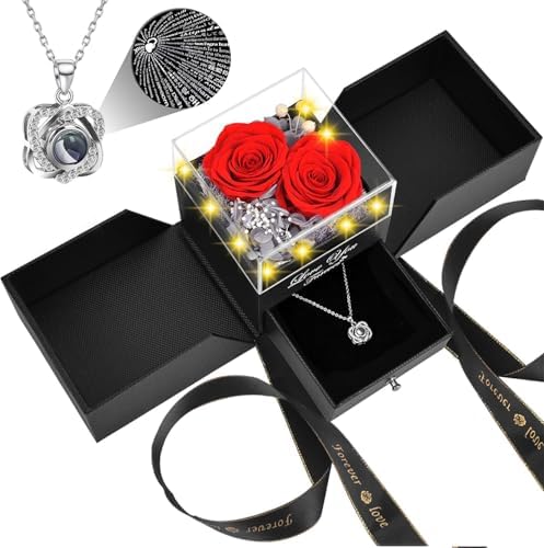 Preserved Red Rose with I Love You Necklace - Eternal Flower Gift for Women