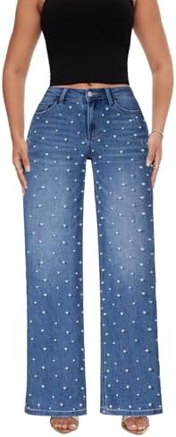 Mid-Low Rise Baggy Jeans for Women - Distressed Wide Leg Stretchy Pants