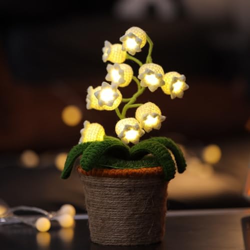 Handmade Crochet Lily of the Valley Night Light with Rattan Planter - Cordless Table Lamp