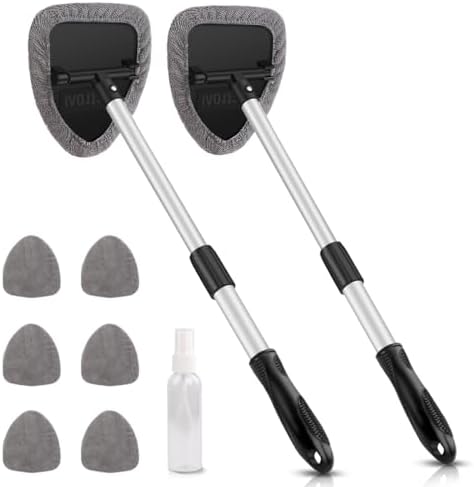 Extendable Windshield Cleaner with 4 Microfiber Pads, 180° Rotating Head for Car Interior Glass