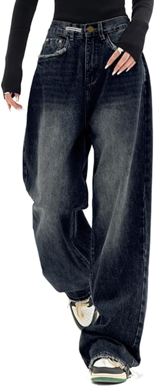 Women's Baggy Jeans Mid-Low Waist Boyfriend Vintage Wide Leg Denim Pants