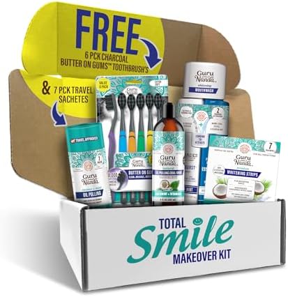 Complete Teeth Whitening Kit with Charcoal Oil Pulling, Dual-Chamber Mouthwash, Strips & Toothbrushes
