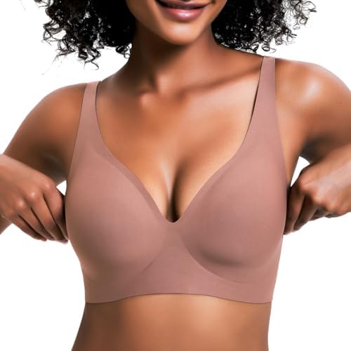 Wireless Push Up Bra for Women, Seamless T-Shirt Bra with Adjustable Straps, Comfortable Plunge No Underwire