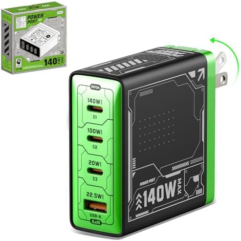 140W GaN Fast Charger with 4 Ports, Foldable Plug for Laptops, Phones & Tablets