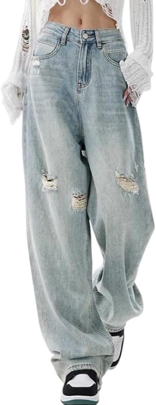 Women's Baggy Jeans Mid-Low Waist Boyfriend Vintage Wide Leg Denim Pants