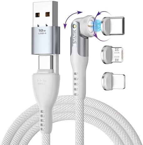 360 Pro Magnetic Charging Cable - 100W Fast Charging 3-in-1 USB-C, Micro USB & Lightning Tips with Adapter