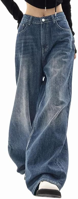 Women's Baggy Jeans Mid-Low Waist Boyfriend Vintage Wide Leg Denim Pants