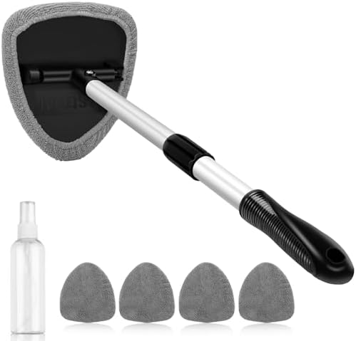 Extendable Windshield Cleaner with 4 Microfiber Pads, 180° Rotating Head for Car Interior Glass