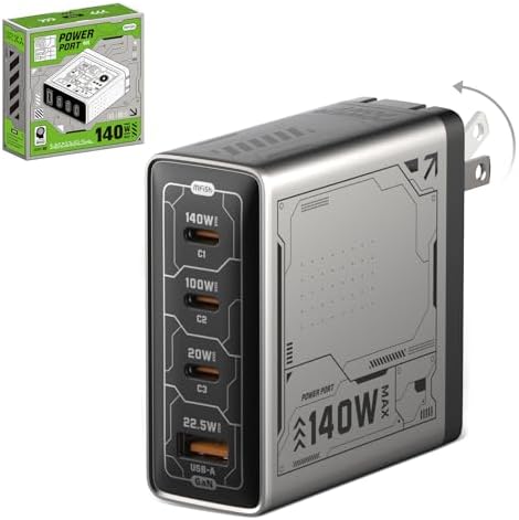 140W GaN Fast Charger with 4 Ports, Foldable Plug for Laptops, Phones & Tablets